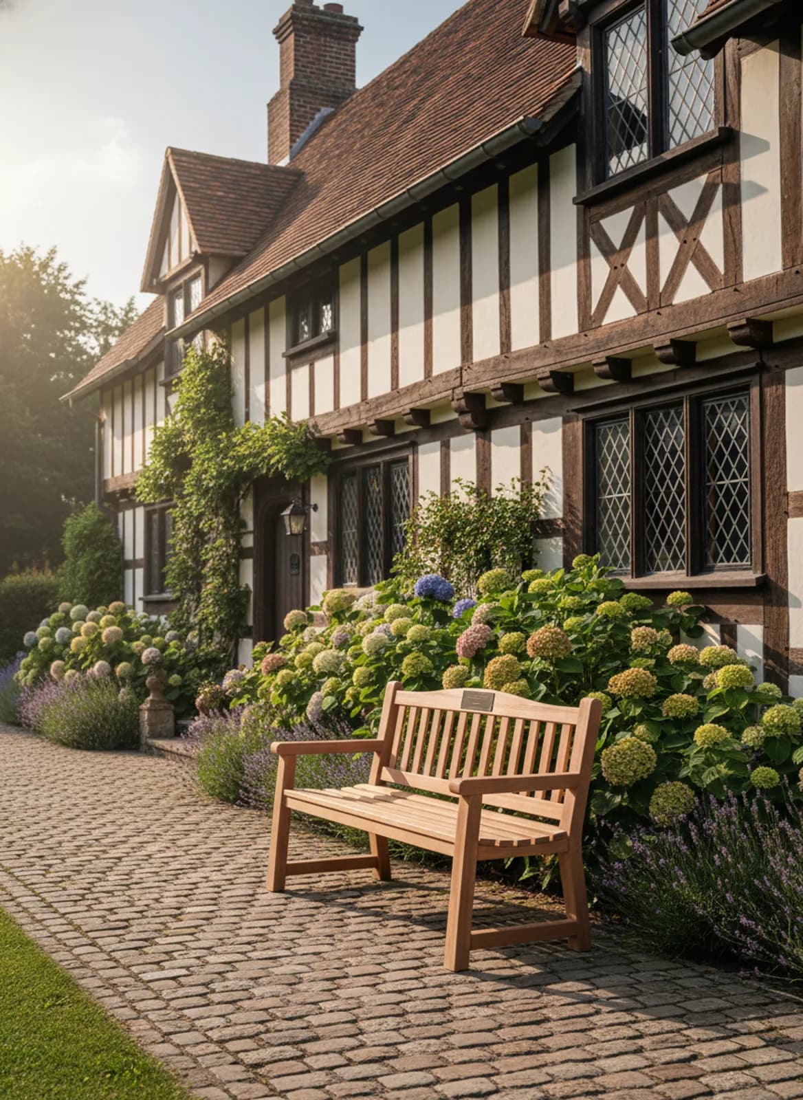 Banc de Mémoire® dans un jardin fleuri
