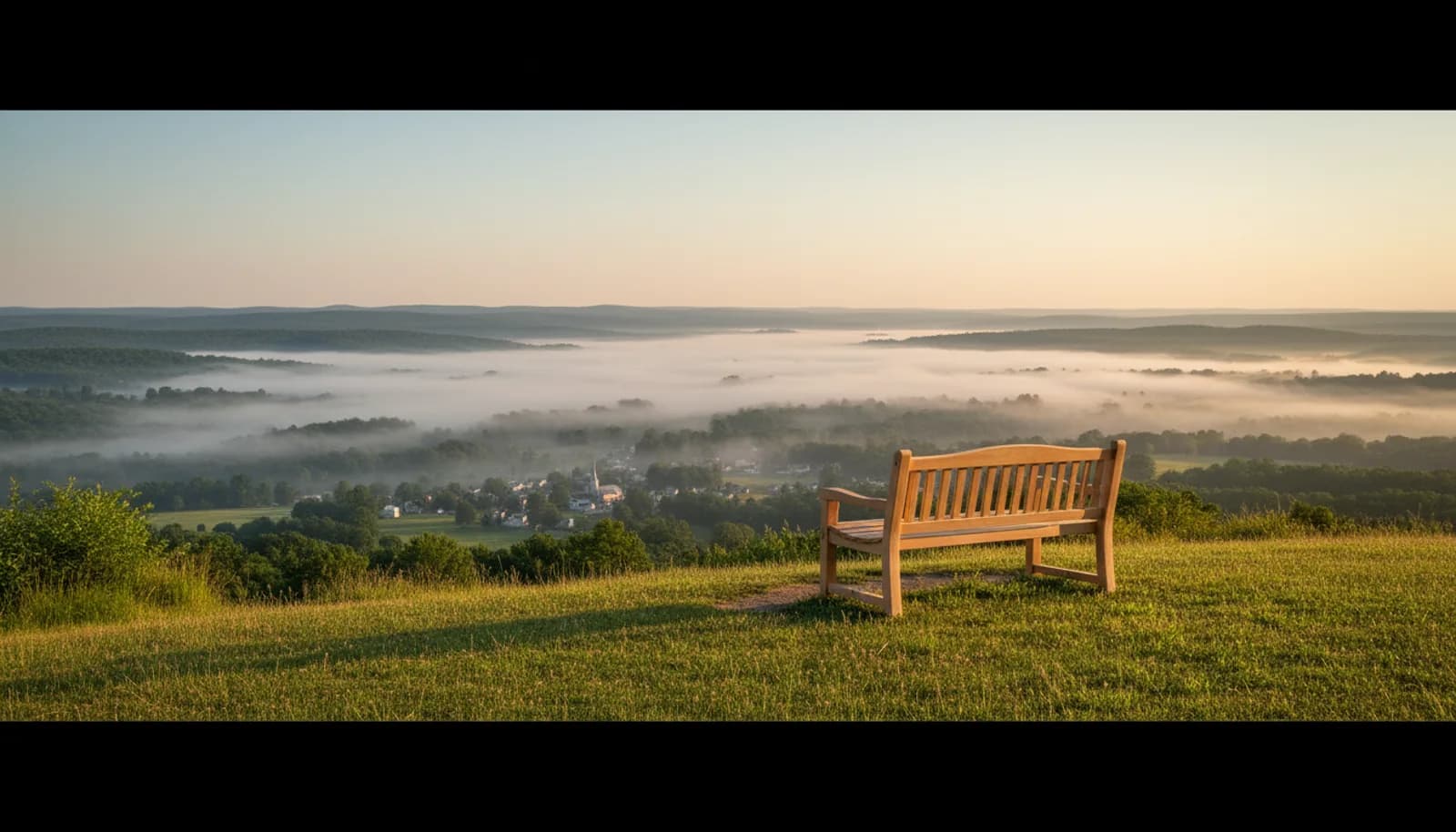 Banc de Mémoire® surplombant un village dans la brume matinale