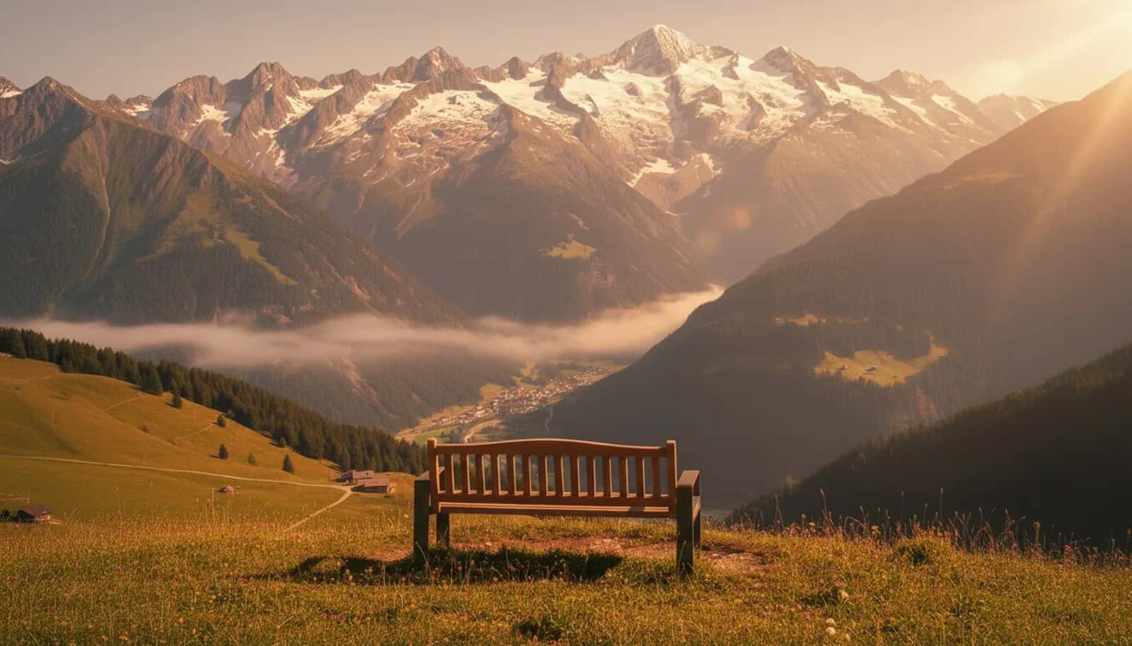 Banc de mémoire sur une falaise face à l'océan au coucher du soleil